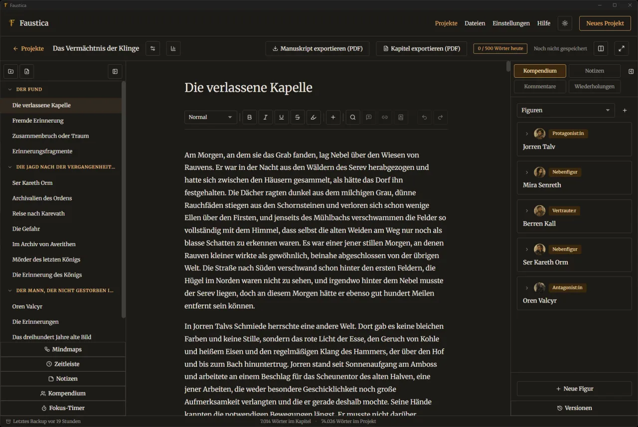 Die Schreiboberfläche von Faustica im Dunkelmodus