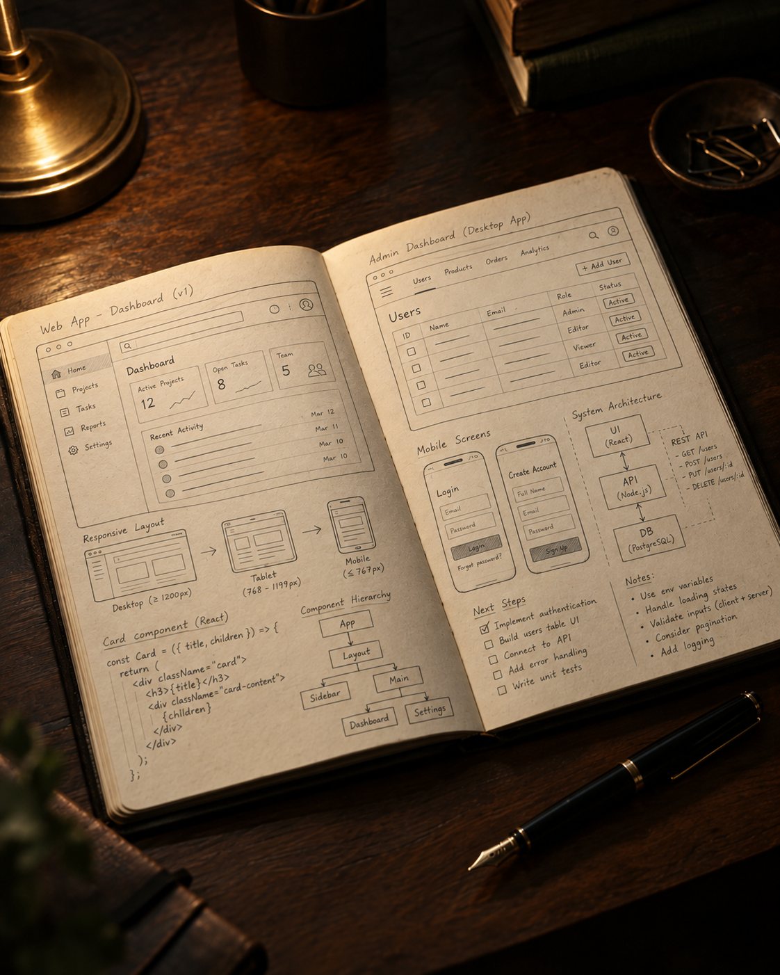 Aufgeschlagenes Werkstattbuch mit Webseitenlayouts, App-Oberflächen, Code und einem Architekturdiagramm auf einem Holzschreibtisch